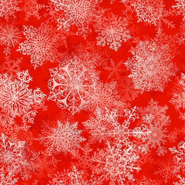 Christmas seamless pattern of big complex snowflakes in red colors Winter background with falling snow