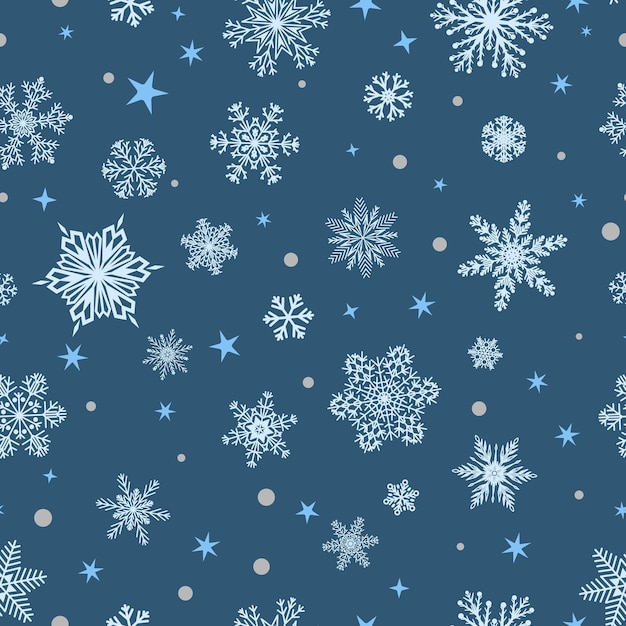 Christmas seamless pattern of big and small snowflakes, white on blue