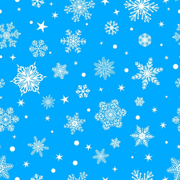 Christmas seamless pattern of big and small snowflakes white on light blue