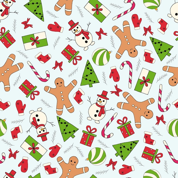 Christmas seamless pattern on a blue background snowman, gingerbread, tree, sock, mittens, candy