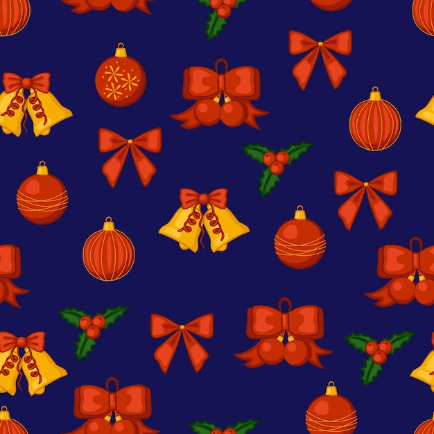 Christmas seamless pattern. Bows, bells, Christmas balls, mistletoe.