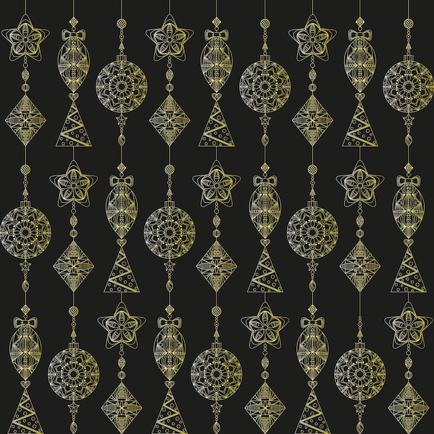 Christmas seamless pattern Christmas toys in gold on a black background Golden ornament Oriental style