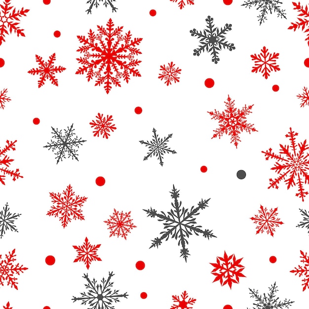 Christmas seamless pattern of complex big and small snowflakes in red and gray colors on white background