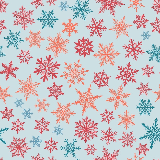 Christmas seamless pattern of complex small multicolored snowflakes on white background