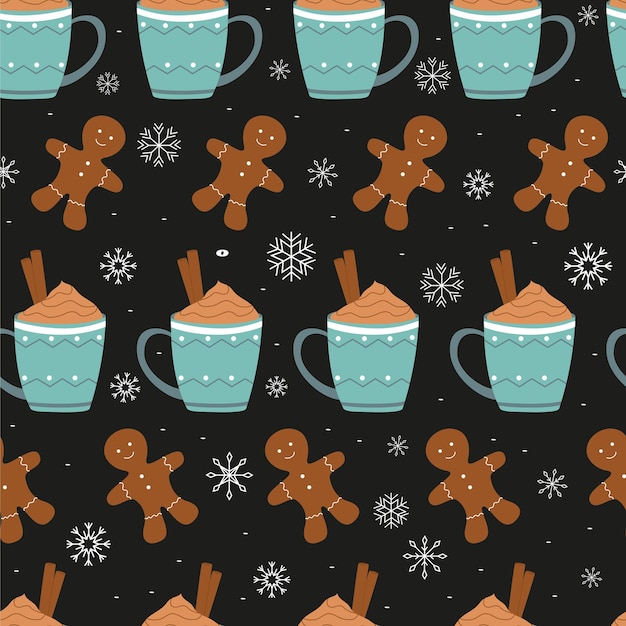 Christmas seamless pattern cookies and hot chocolate cup with cinnamon snowflakes on black background