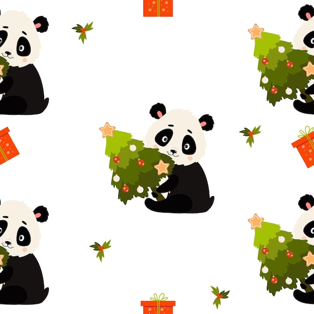 Christmas Seamless Pattern Cute panda with gift and Christmas tree on white background