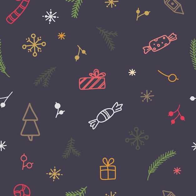 Christmas seamless pattern Decorated with a snowflakes Christmas trees gifts and candies