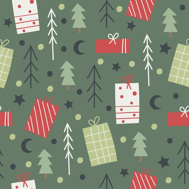 Christmas Seamless Pattern design with trees and presents Vector illustration