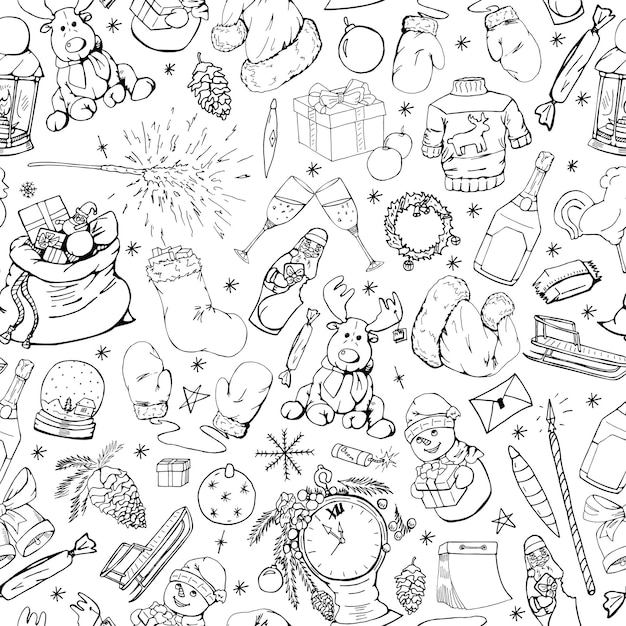 Christmas seamless pattern in doodle styleHand drawn vector illustration