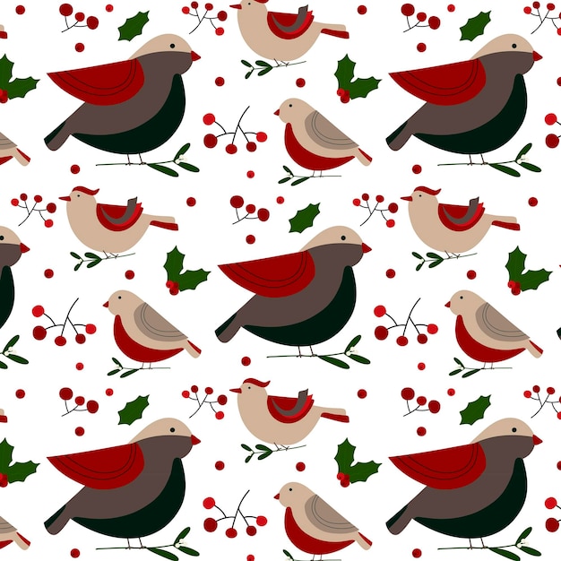 Christmas seamless pattern flat hand style vector elements different types of birds twigs berries