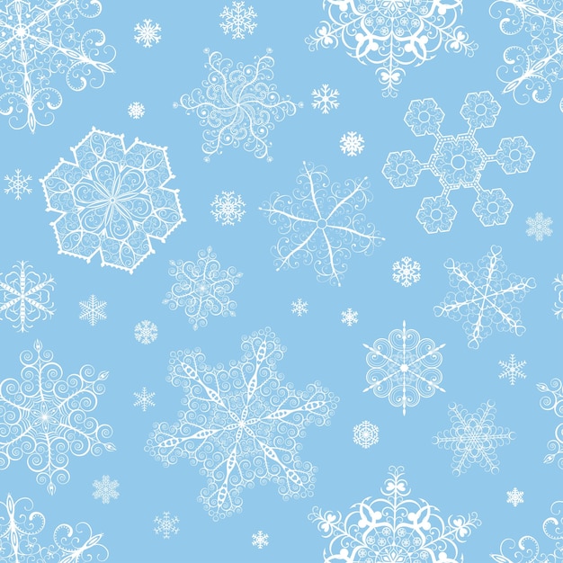 Christmas seamless pattern from big and small white snowflakes on cyan background