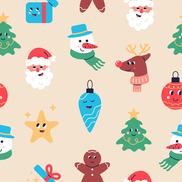 Christmas seamless pattern from cute trendy characters Santa Claus tree star gift box deer