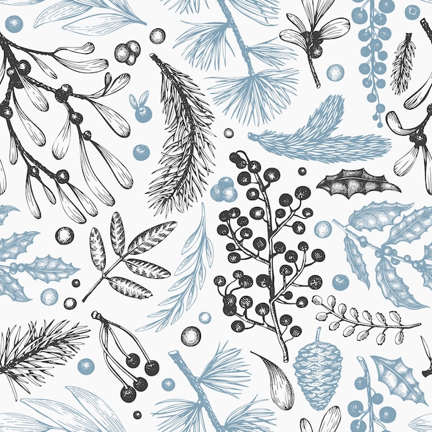 Vector christmas seamless pattern. hand drawn vector winter plants . coniferous, holly, mistletoe design