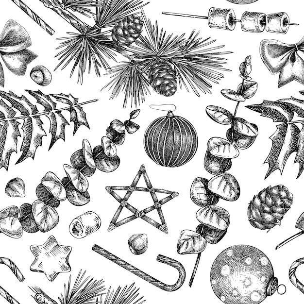 Christmas seamless pattern Handsketched holiday background with Christmas decoration