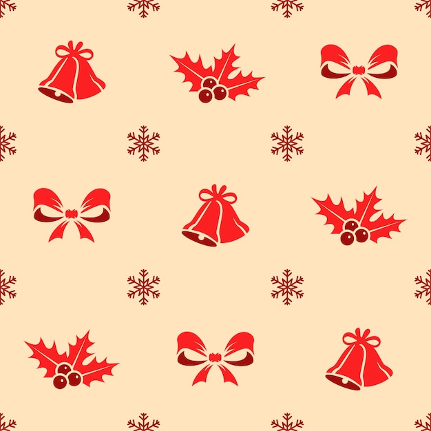 Christmas seamless pattern. Holly, bow, bell and snowflakes