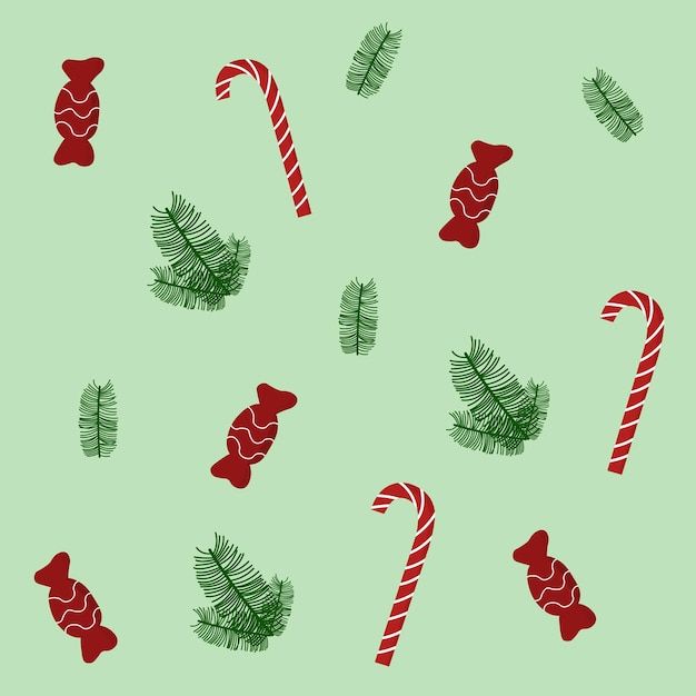 Christmas seamless pattern illustration on green background Candy cane tree branch sweets