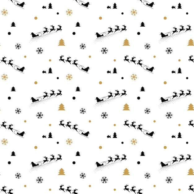 Christmas seamless pattern isolated on white nackground. Black Santa Claus sleigh silhouette with Christmas trees and snowflakes.