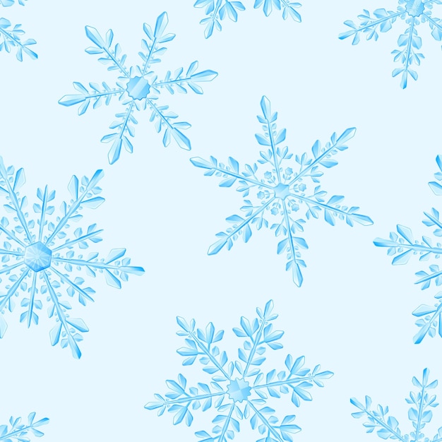 Christmas seamless pattern of large complex translucent snowflakes in light blue colors on white background