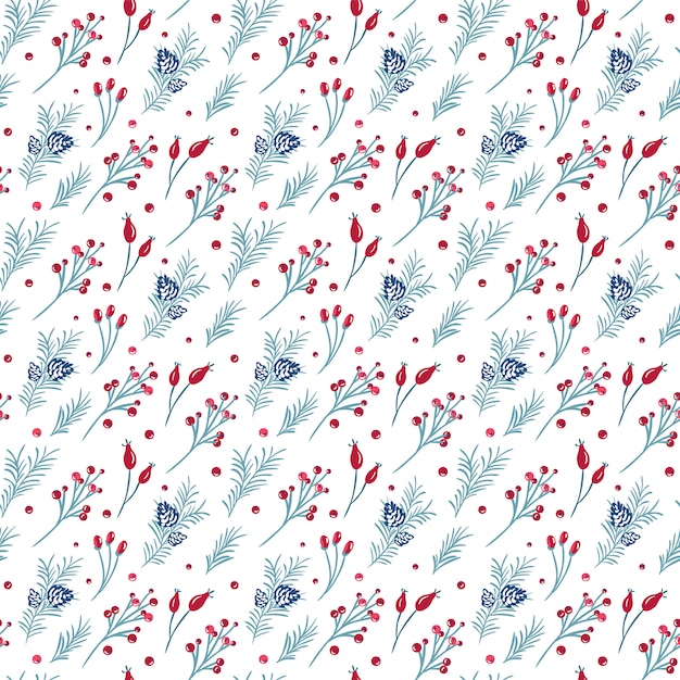  Christmas seamless pattern of red berries, pine branch