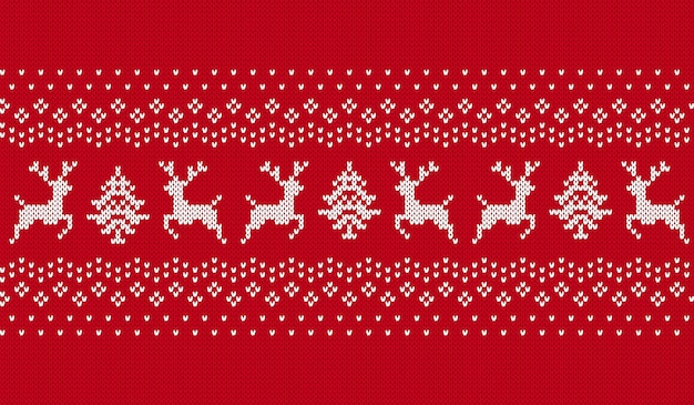 Christmas seamless pattern. Red knit print with deers and trees. Knitted sweater background. illustration