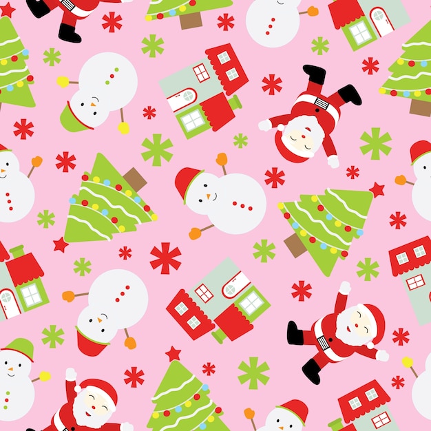 Christmas seamless pattern of Santa Claus, and snowman on pink background