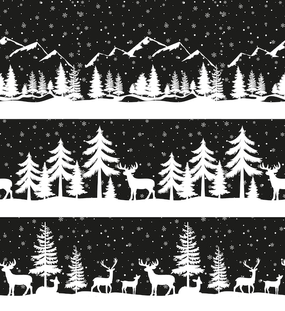 Christmas seamless pattern Snow winter landscape with deer Merry christmas greeting card