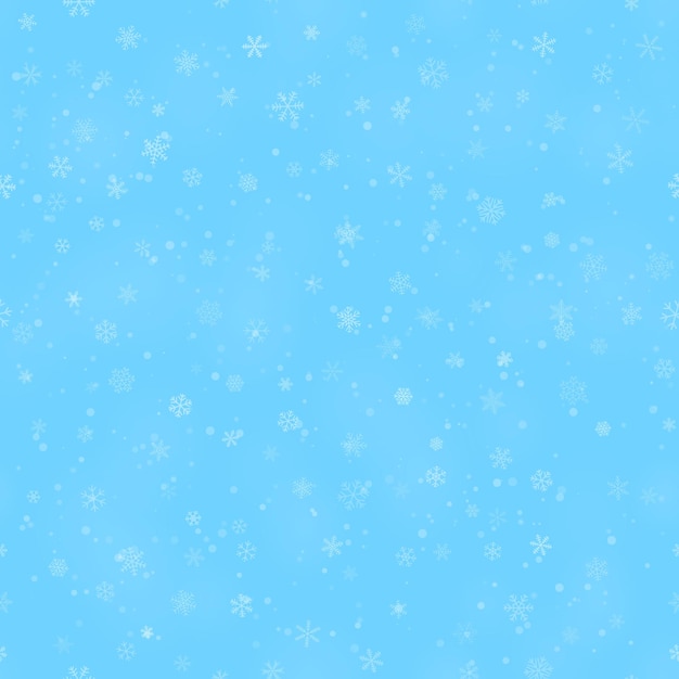 Christmas seamless pattern of snowflakes of different shapes sizes and transparency on light blue background