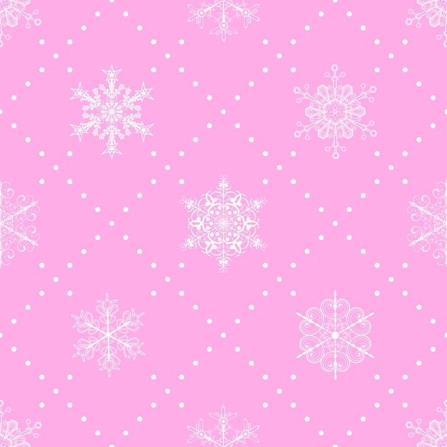 Christmas seamless pattern of snowflakes and dots white on pink