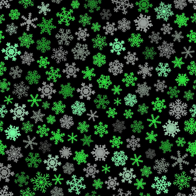 Christmas seamless pattern of snowflakes, gray and green on black background.