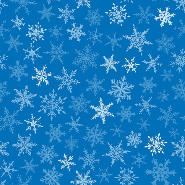 Christmas seamless pattern of snowflakes, white on blue background.