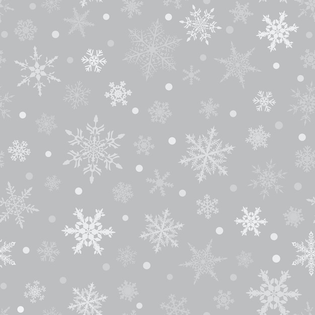 Christmas seamless pattern of snowflakes, white on gray background.