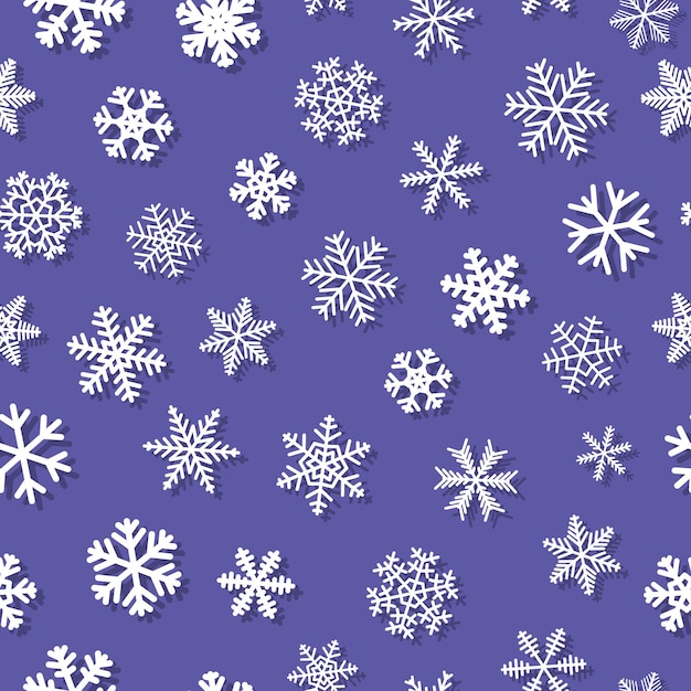 Christmas seamless pattern of snowflakes with shadows, white on purple background