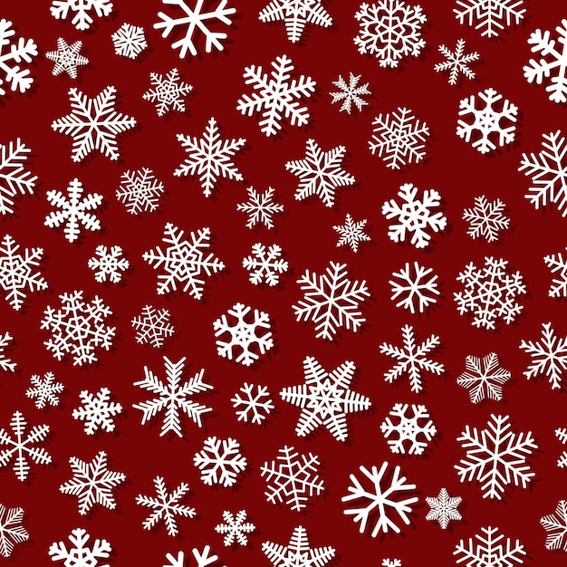 Christmas seamless pattern of snowflakes with shadows, white on red background