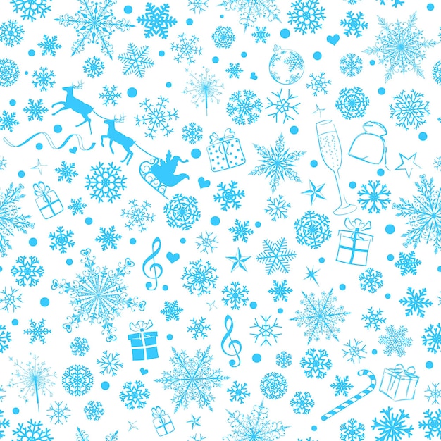 Christmas seamless pattern of various snowflakes and holiday symbols, light blue on white background