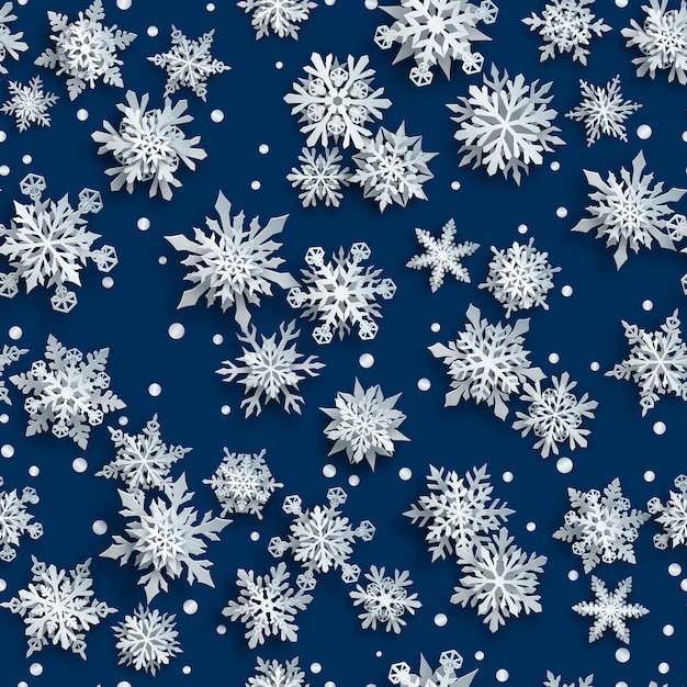 Christmas seamless pattern of white complex paper snowflakes with soft shadows on dark blue background