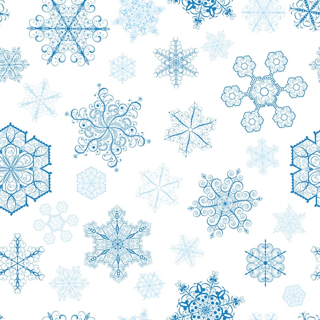 Christmas seamless pattern with big and small blue snowflakes on white background