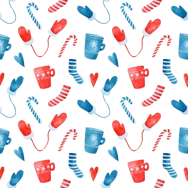 Christmas seamless pattern with blue and red striped socks mugs mittens and candy canes