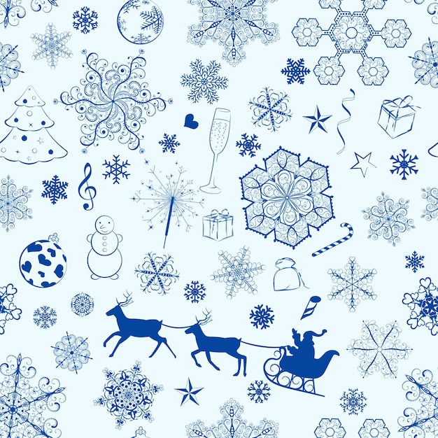 Christmas seamless pattern with blue snowflakes and xmas symbols