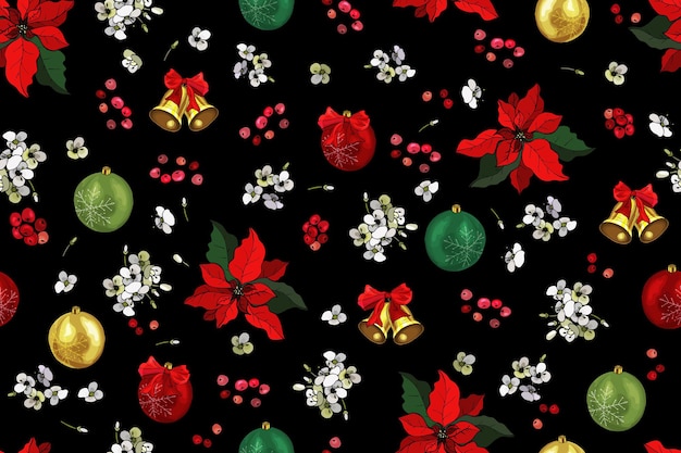 Christmas seamless pattern with bright red greengold and white decorations on black background