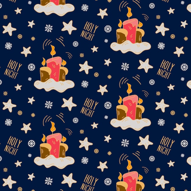 Christmas seamless pattern with candles stars and snowflakes on blue background. Holy Night text