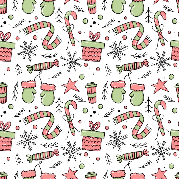 Christmas seamless pattern with candy canes mittens scarfs baubles and snowflakes Vector for pap