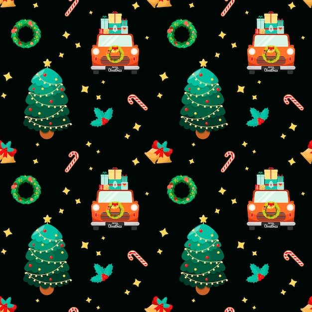 Christmas seamless pattern with cars and Christmas trees.