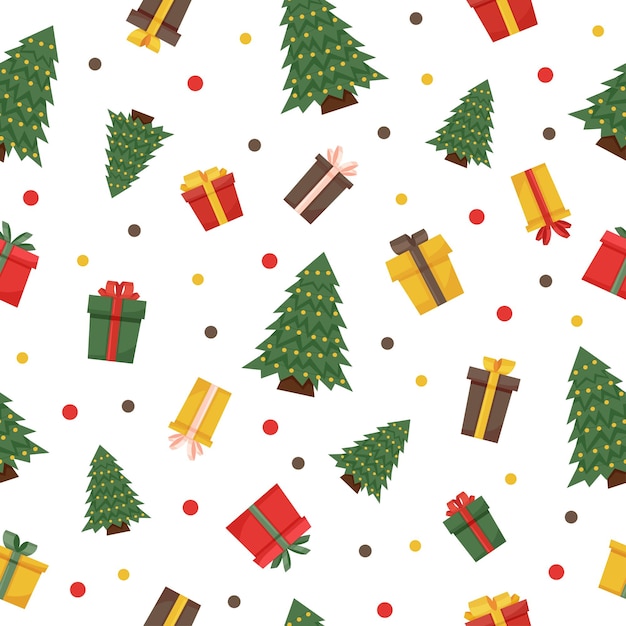 Christmas seamless pattern with Christmas tree and gift boxes