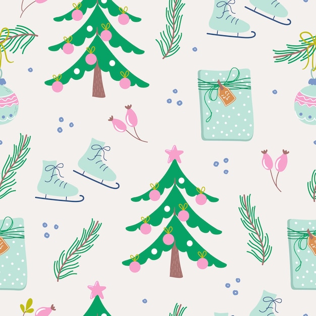 Christmas seamless pattern with Christmas tree, gift and decorations. Beautiful festive background.