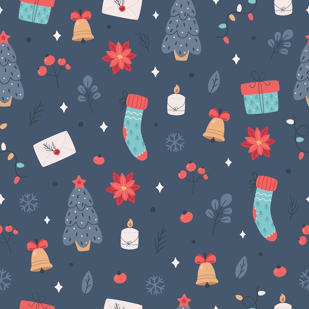 Christmas seamless pattern with Christmas tree, gift, mistletoe. socks. Merry Christmas