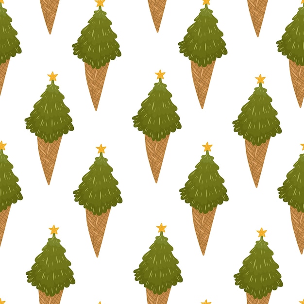 Christmas seamless pattern with christmas tree ice cream. Vector hand drawn cartoon illustration.