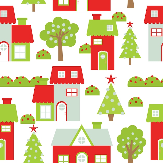 Christmas seamless pattern with colorful houses and Xmas tree