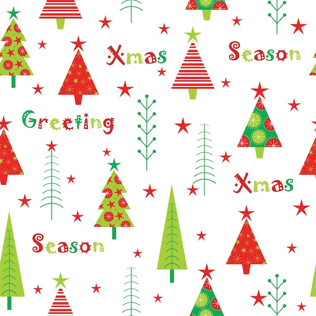 Christmas seamless pattern with colorful Xmas tree and stars