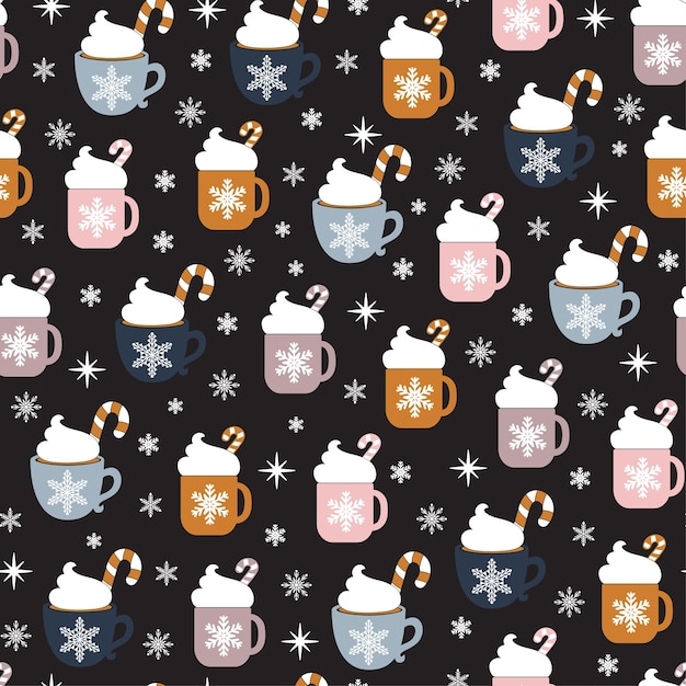 Christmas seamless pattern with cup hot cocoa on a dark background. Happy New Year