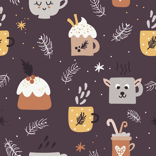 Christmas seamless pattern with cups and muffins.